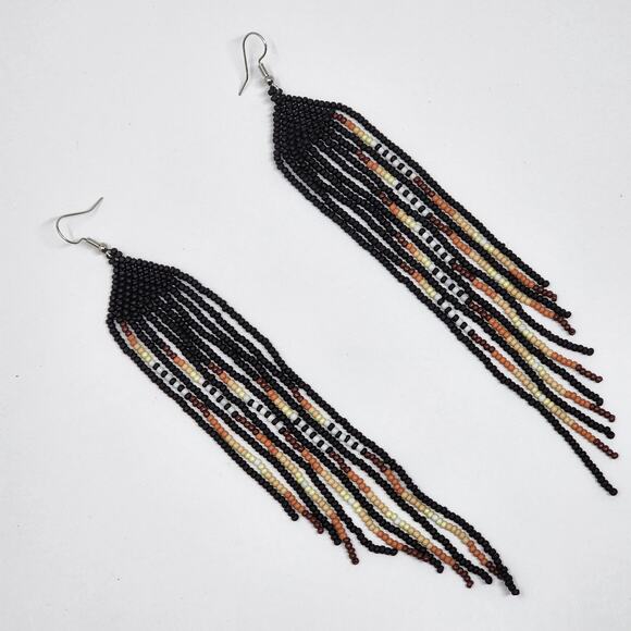 Cascading Darkness Black Boho Beaded Fringe Earrings - Picture 6 of 6